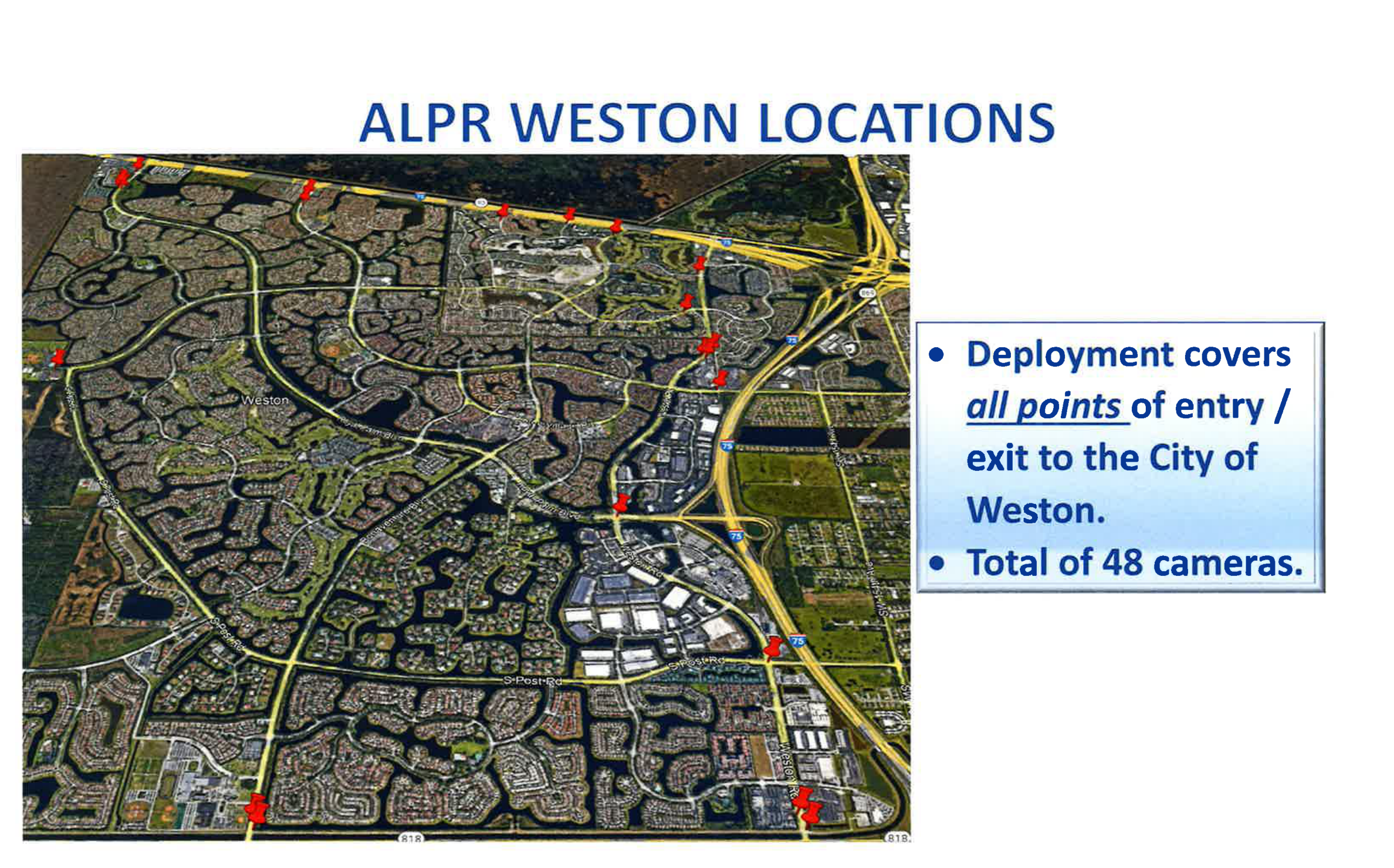 Map titled 'ALPR Weston Locations' showing camera placement around the city and noting the deployment covers all points of entry/exit and totals 48 cameras.