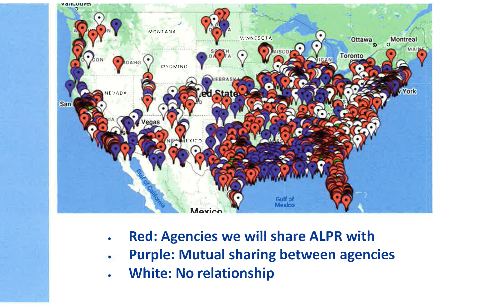 Map of the United States covered with many markers and a legend describing ALPR sharing relationships between agencies.